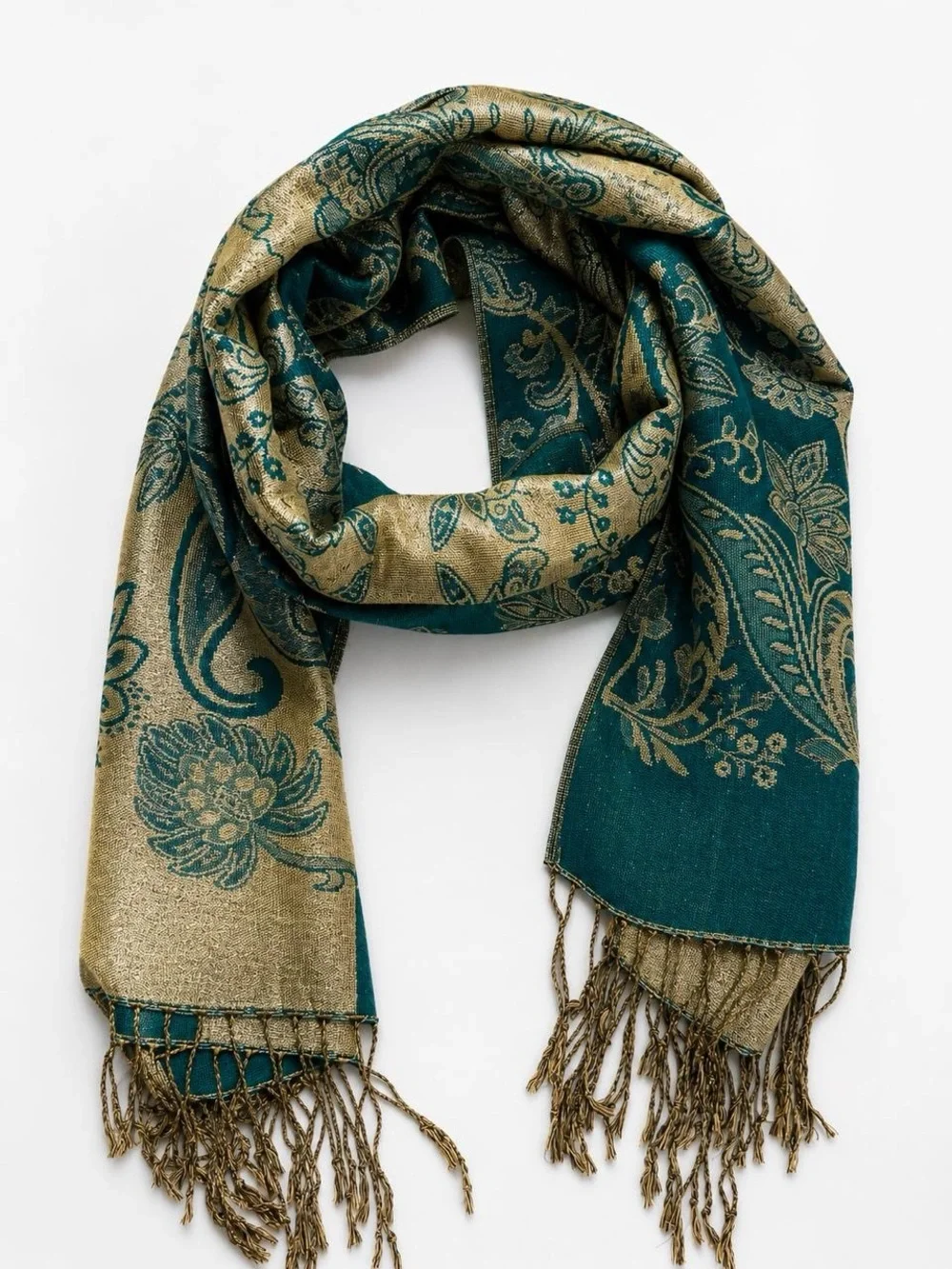 Beauty Pashmina Silk Paisley Floral Print Fringe Scarf Wrap Teal Gold One Size